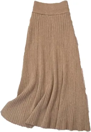 Women's Solid Color Pleated Knit Skirt Stretch High Waist A-Line Office Midi Skirts