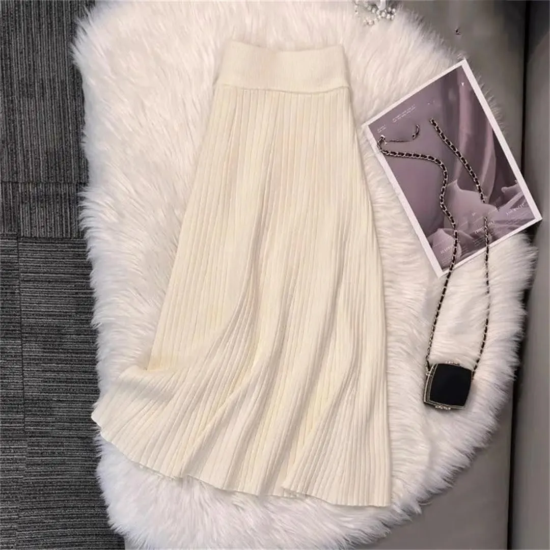 Women's Solid Color Pleated Knit Skirt Stretch High Waist A-Line Office Midi Skirts