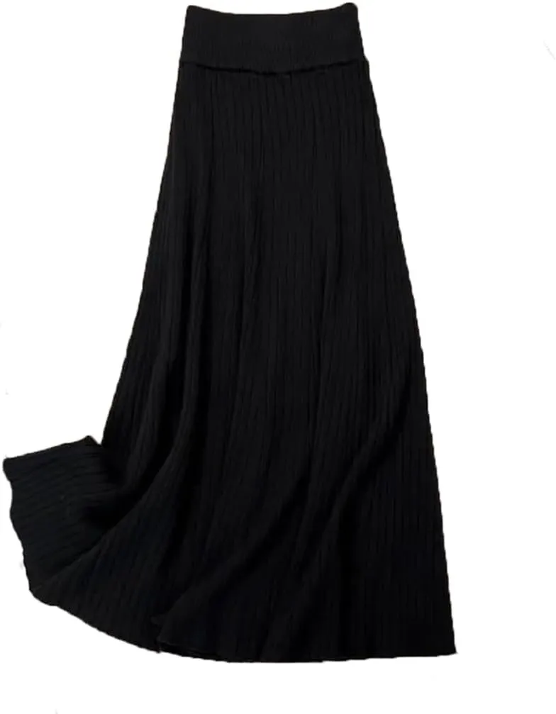 Women's Solid Color Pleated Knit Skirt Stretch High Waist A-Line Office Midi Skirts