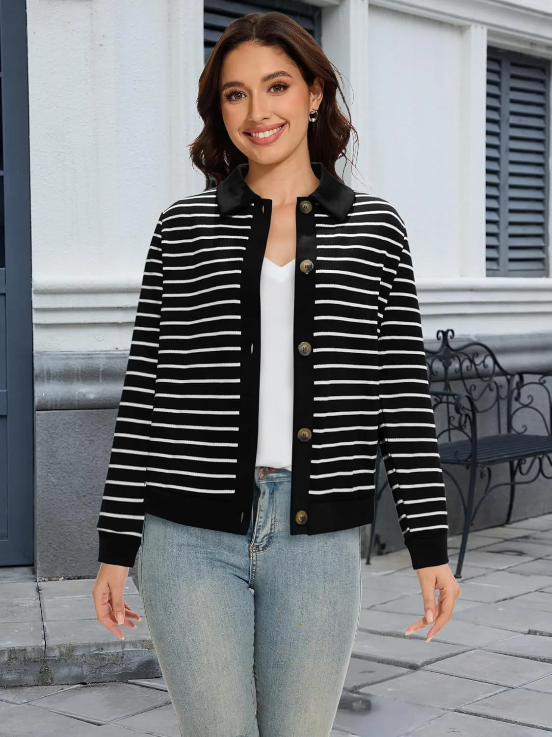 Women's Striped Cardigan Sweaters Long Sleeve Knit Lightweight Cardigan Fall Outfits Clothes Fashion Trendy