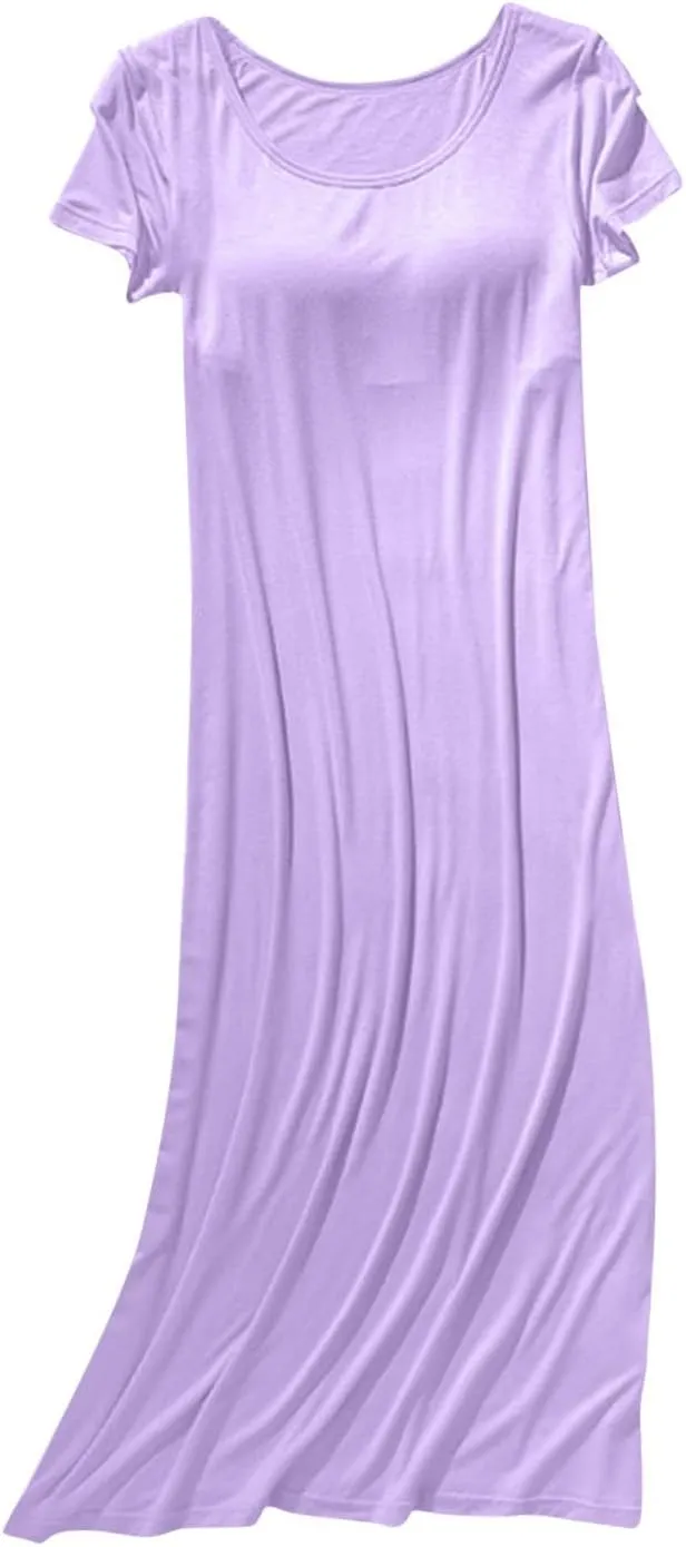 Womens Summer Nightgowns with Built in Shelf Bra Comfy Short Sleeve Long Nightshirt Soft Modal Sleepwear Nightdress