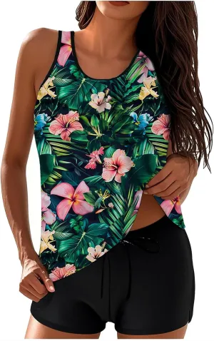 Womens Swimwear Beach Tankini Shorts Match Tops Vests Two Piece Color Block Modest Bathing Suit Sets for Women Casual