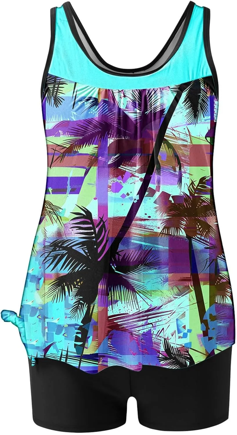 Womens Swimwear Beach Tankini Shorts Match Tops Vests Two Piece Color Block Modest Bathing Suit Sets for Women Casual