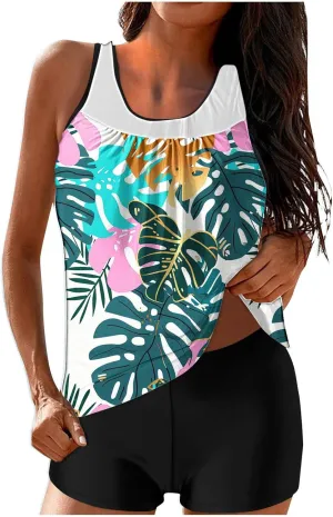 Womens Swimwear Beach Tankini Shorts Match Tops Vests Two Piece Color Block Modest Bathing Suit Sets for Women Casual