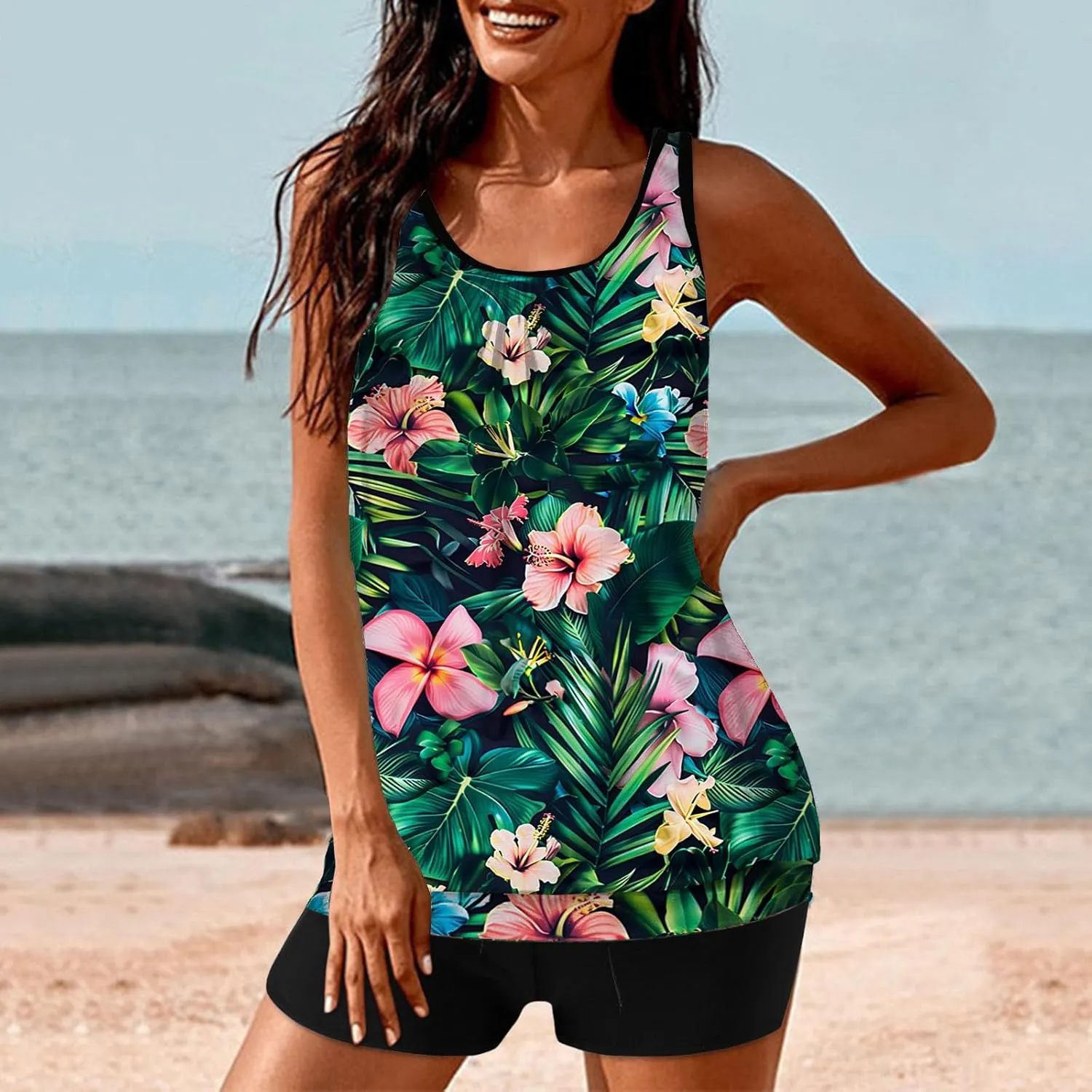Womens Swimwear Beach Tankini Shorts Match Tops Vests Two Piece Color Block Modest Bathing Suit Sets for Women Casual