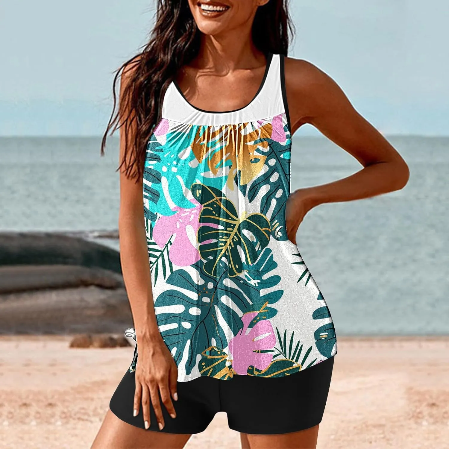 Womens Swimwear Beach Tankini Shorts Match Tops Vests Two Piece Color Block Modest Bathing Suit Sets for Women Casual