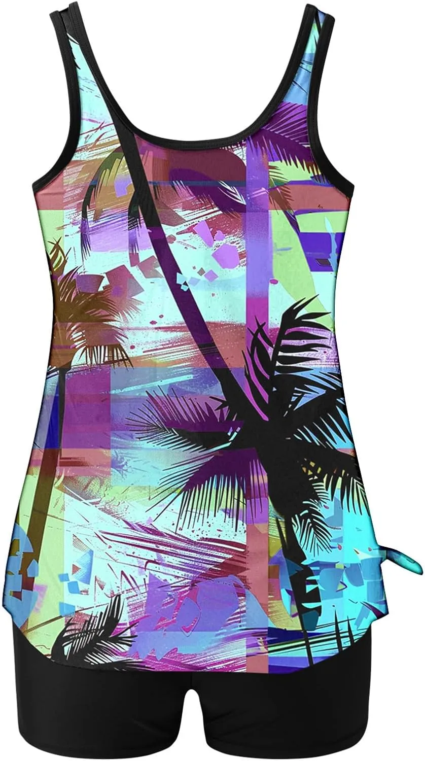 Womens Swimwear Beach Tankini Shorts Match Tops Vests Two Piece Color Block Modest Bathing Suit Sets for Women Casual