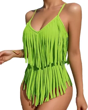 Women's Tassel One Piece Swimsuit Flowy Fringe Trim Spaghetti Strap Bathing Suits 2025 Trendy Summer Beach Swimwear