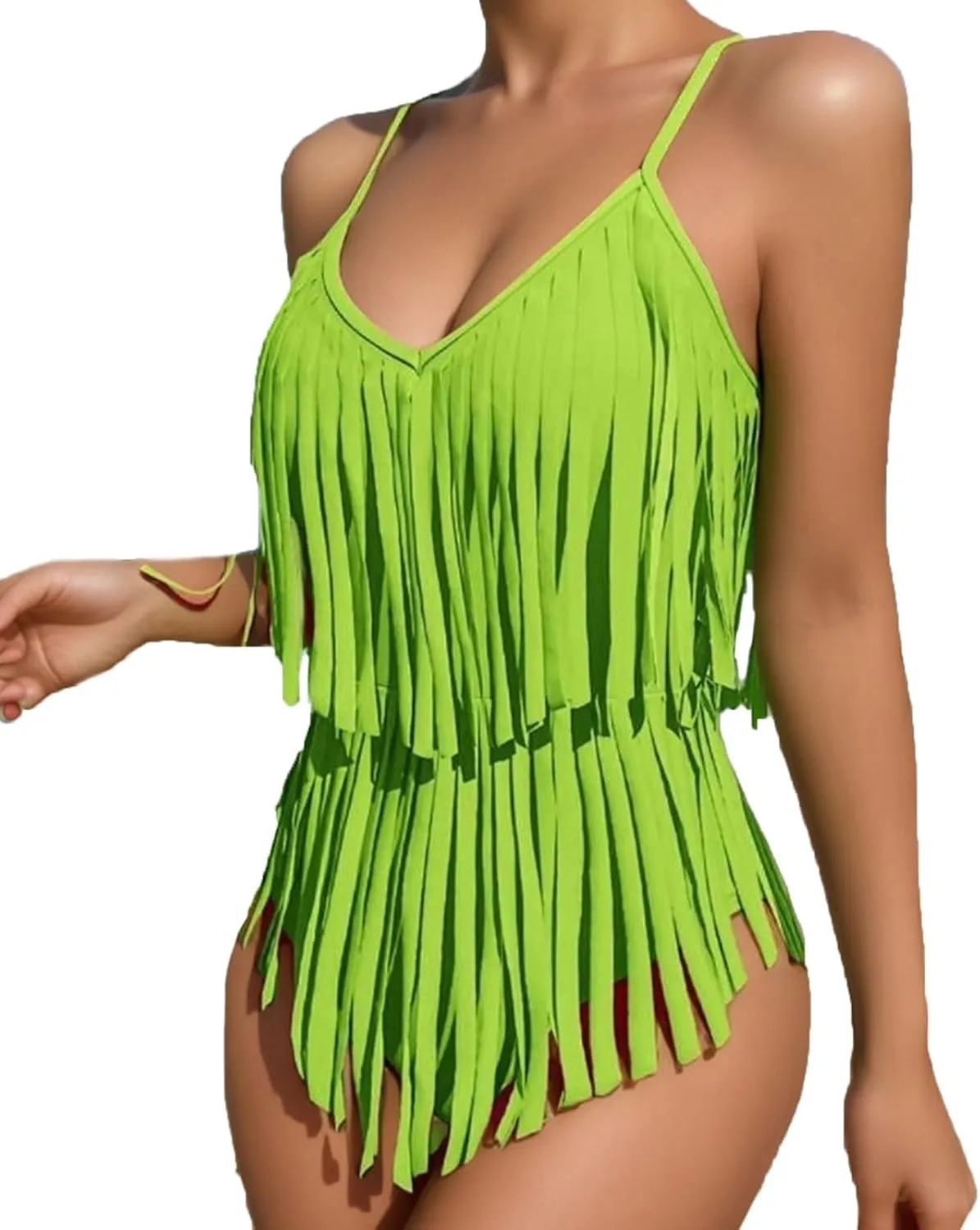 Women's Tassel One Piece Swimsuit Flowy Fringe Trim Spaghetti Strap Bathing Suits 2025 Trendy Summer Beach Swimwear