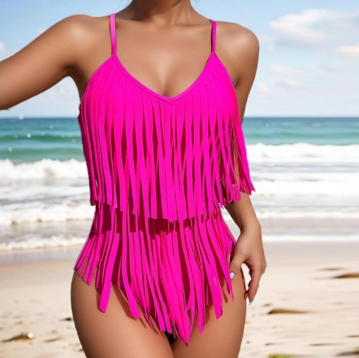 Women's Tassel One Piece Swimsuit Flowy Fringe Trim Spaghetti Strap Bathing Suits 2025 Trendy Summer Beach Swimwear