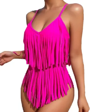 Women's Tassel One Piece Swimsuit Flowy Fringe Trim Spaghetti Strap Bathing Suits 2025 Trendy Summer Beach Swimwear