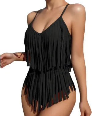 Women's Tassel One Piece Swimsuit Flowy Fringe Trim Spaghetti Strap Bathing Suits 2025 Trendy Summer Beach Swimwear