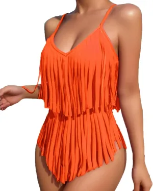 Women's Tassel One Piece Swimsuit Flowy Fringe Trim Spaghetti Strap Bathing Suits 2025 Trendy Summer Beach Swimwear