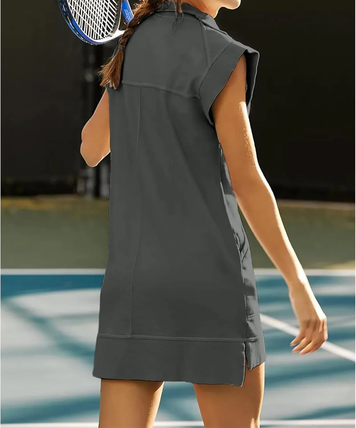 Womens Tennis Dress Half Zip Sweatshirt Dresses Summer Sports Casual V Neck Sleeveless Pullover Tunic Tops Mini Dress