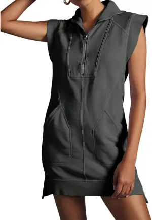 Womens Tennis Dress Half Zip Sweatshirt Dresses Summer Sports Casual V Neck Sleeveless Pullover Tunic Tops Mini Dress