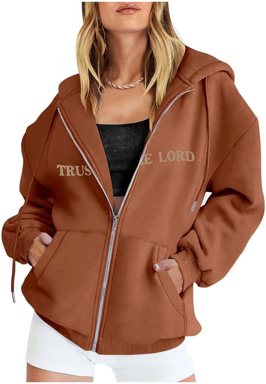 Women's Trust In The Lord Full Zip Up Christian Hoodies Comfort Fleece Lined Aesthetic with Hood Jackets 2024 Jesus