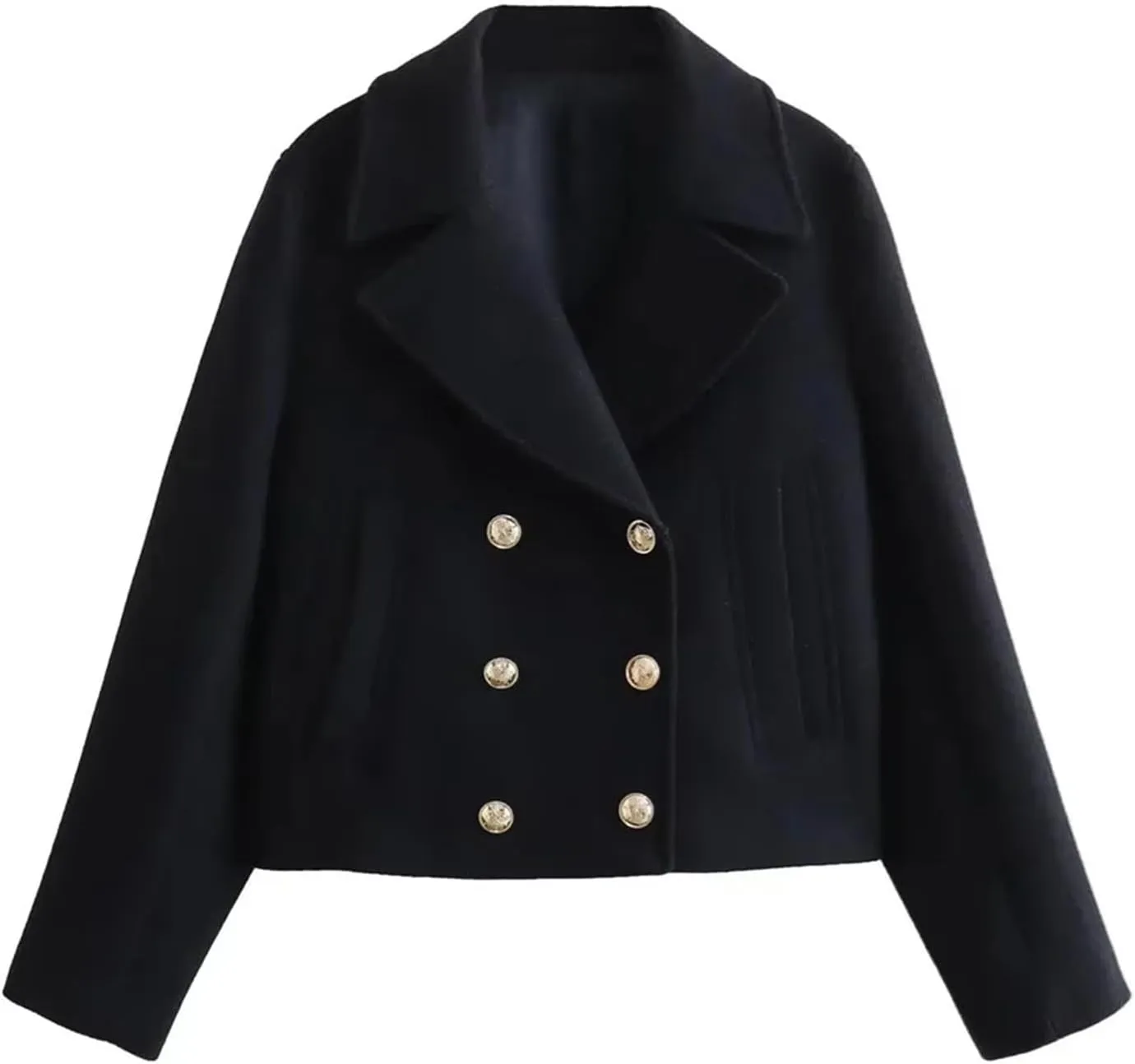 Women's Turn-Down Collar Long Sleeve Casual Pocket Double Breasted Jacket Tweed Coat