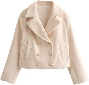 Women's Turn-Down Collar Long Sleeve Casual Pocket Double Breasted Jacket Tweed Coat