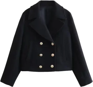 Women's Turn-Down Collar Long Sleeve Casual Pocket Double Breasted Jacket Tweed Coat