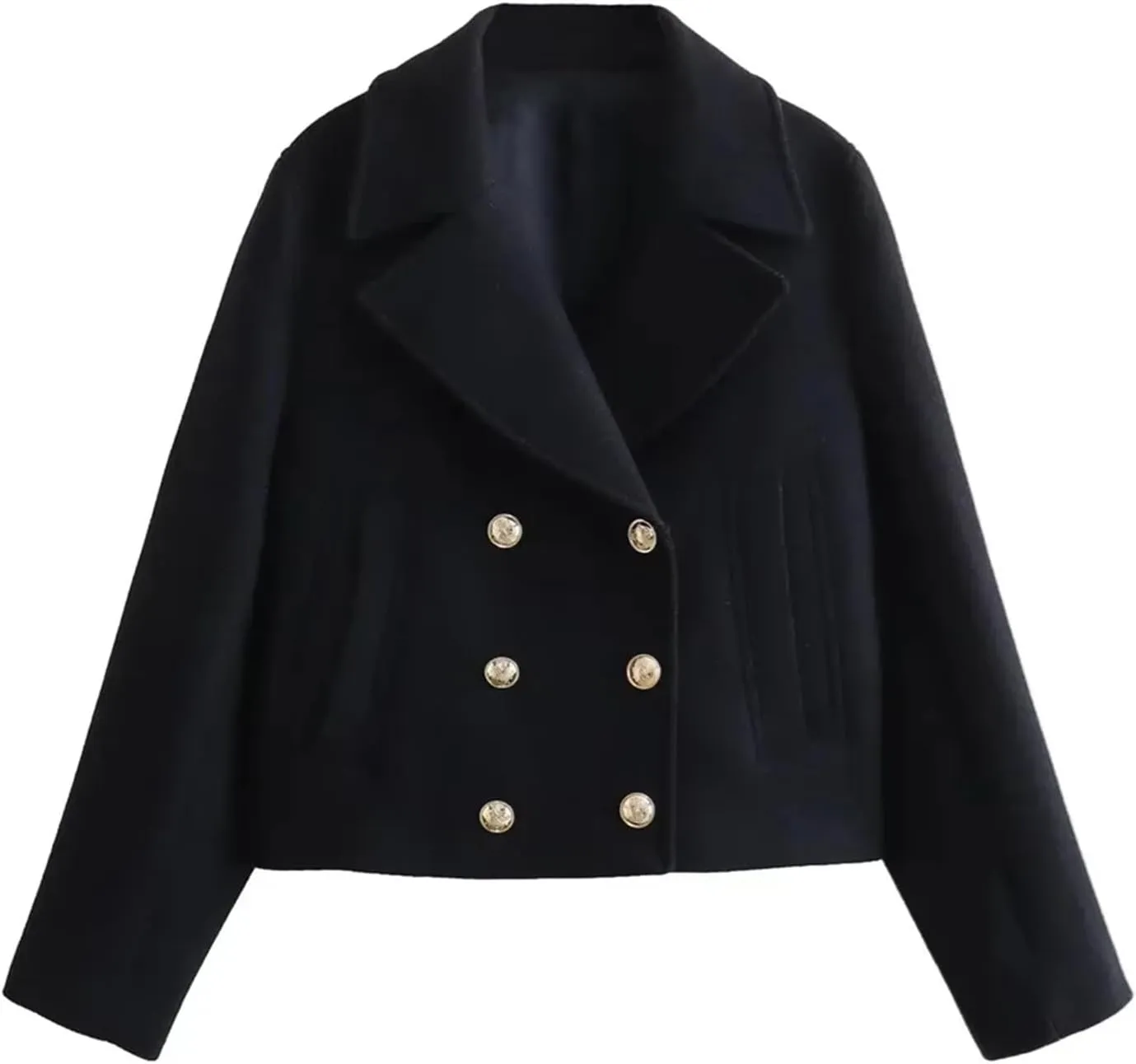 Women's Turn-Down Collar Long Sleeve Casual Pocket Double Breasted Jacket Tweed Coat