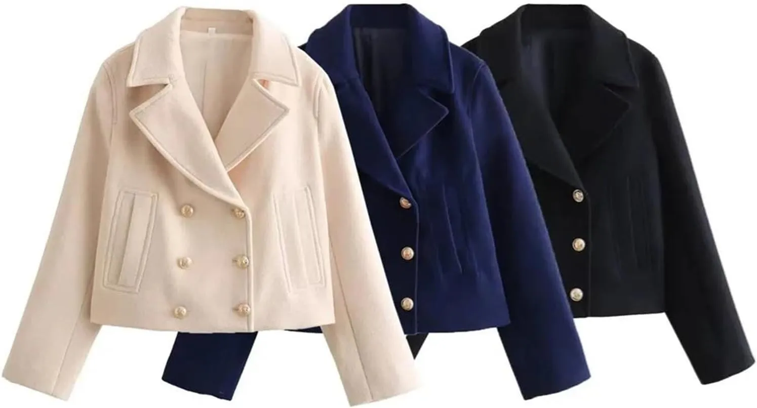 Women's Turn-Down Collar Long Sleeve Casual Pocket Double Breasted Jacket Tweed Coat