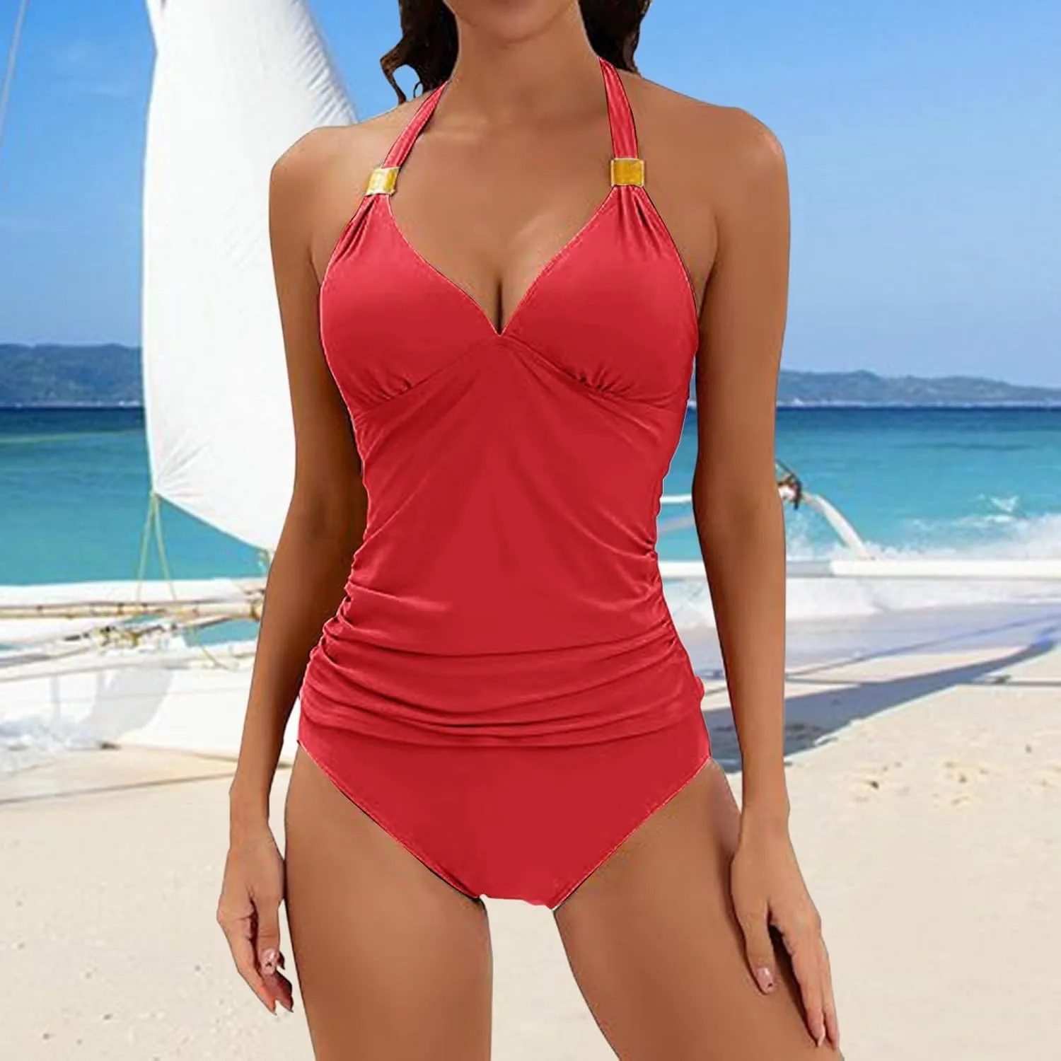 Women's Two Piece Swimsuits Tummy Control V Neck Cutout High Waisted Bathing Suit Wrap Swimsuit with Chest Pad