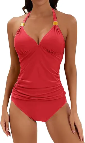 Women's Two Piece Swimsuits Tummy Control V Neck Cutout High Waisted Bathing Suit Wrap Swimsuit with Chest Pad