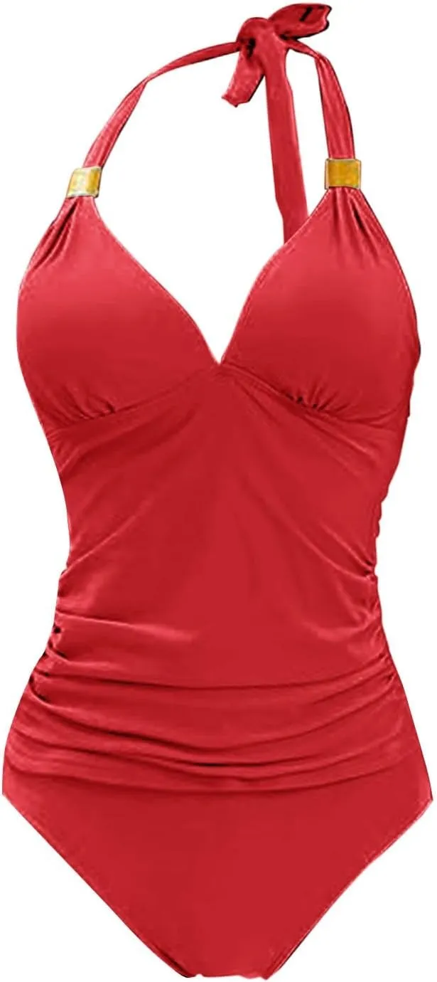 Women's Two Piece Swimsuits Tummy Control V Neck Cutout High Waisted Bathing Suit Wrap Swimsuit with Chest Pad