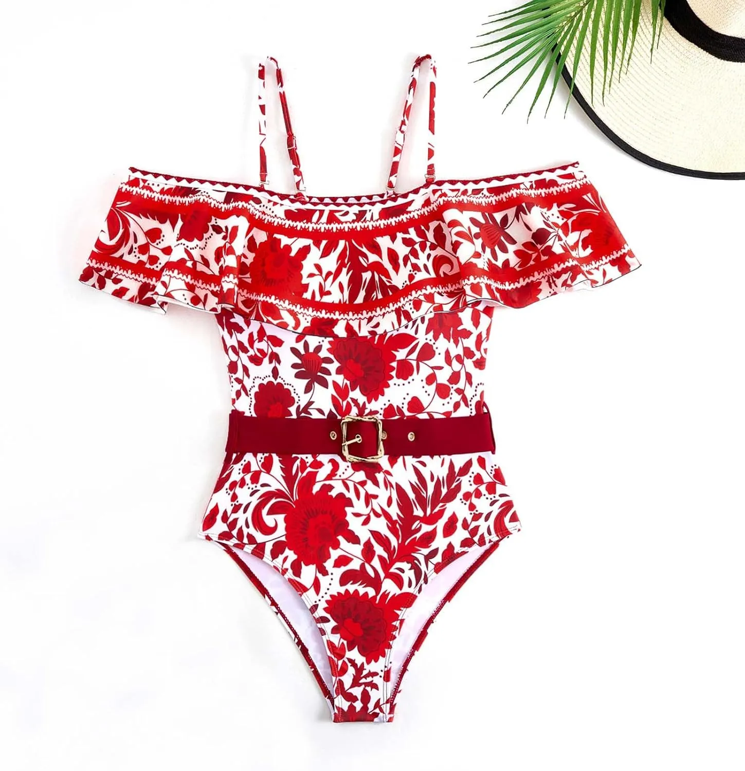 Women's Two-Piece Swimwear with Beach Cover Ups Sexy Flower Print Sexy One-Piece Sports Swimsuit with Warp Skirt