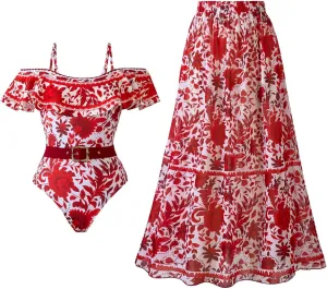Women's Two-Piece Swimwear with Beach Cover Ups Sexy Flower Print Sexy One-Piece Sports Swimsuit with Warp Skirt