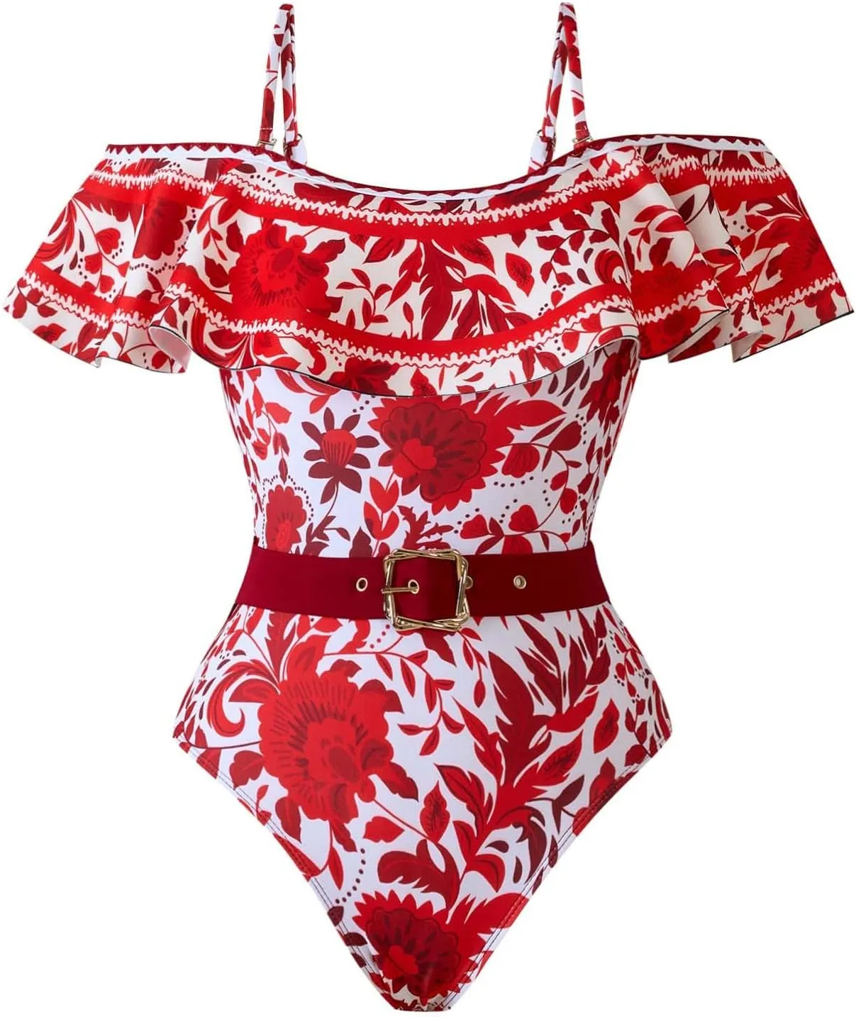 Women's Two-Piece Swimwear with Beach Cover Ups Sexy Flower Print Sexy One-Piece Sports Swimsuit with Warp Skirt