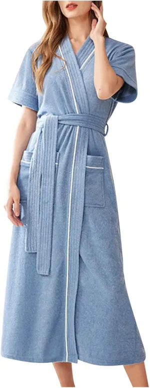 Womens V-Neck Bathrobe Short Sleeve Pajama Robes with Belt Pockets Solid Color Sleepwear Casual Summer Long Nightgown