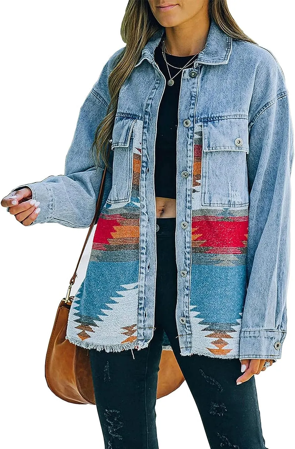 Women's Vintage Aztec Print Pattern Loose Shacket Button Down Long Sleeve Woolen Jacket Shirts Coat