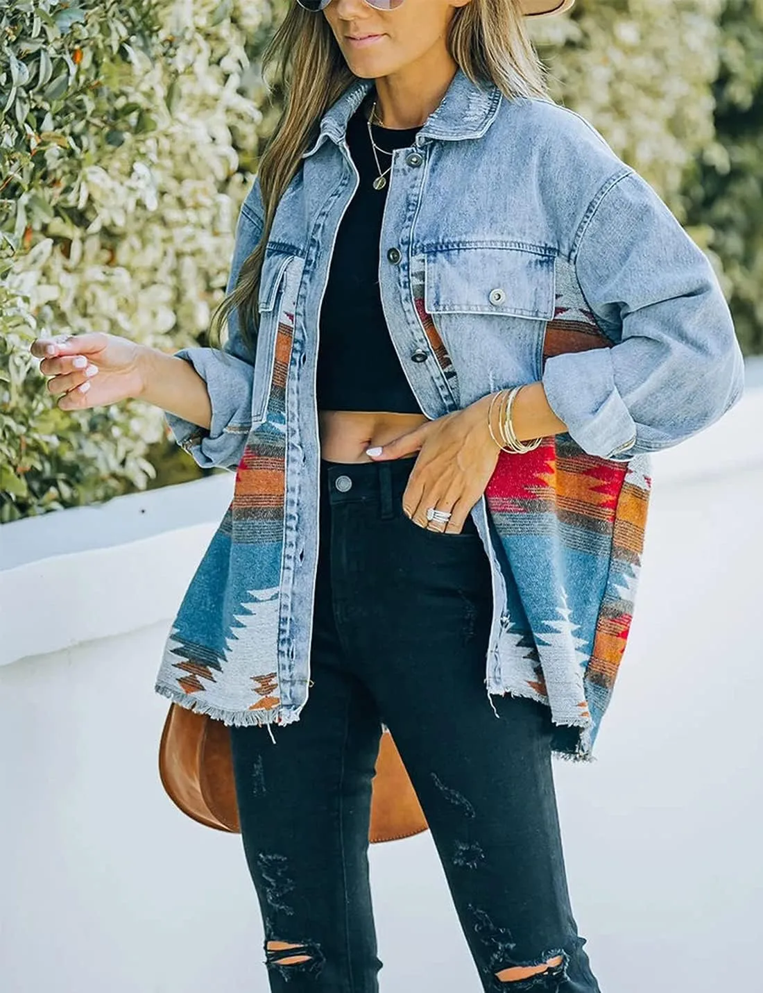 Women's Vintage Aztec Print Pattern Loose Shacket Button Down Long Sleeve Woolen Jacket Shirts Coat