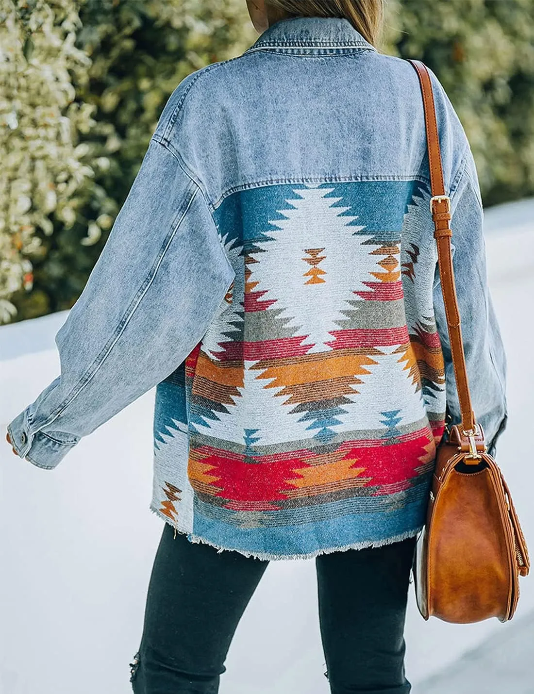 Women's Vintage Aztec Print Pattern Loose Shacket Button Down Long Sleeve Woolen Jacket Shirts Coat
