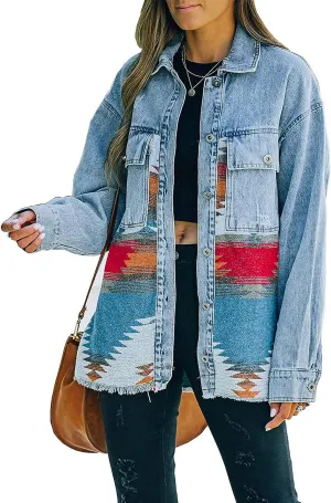 Women's Vintage Aztec Print Pattern Loose Shacket Button Down Long Sleeve Woolen Jacket Shirts Coat