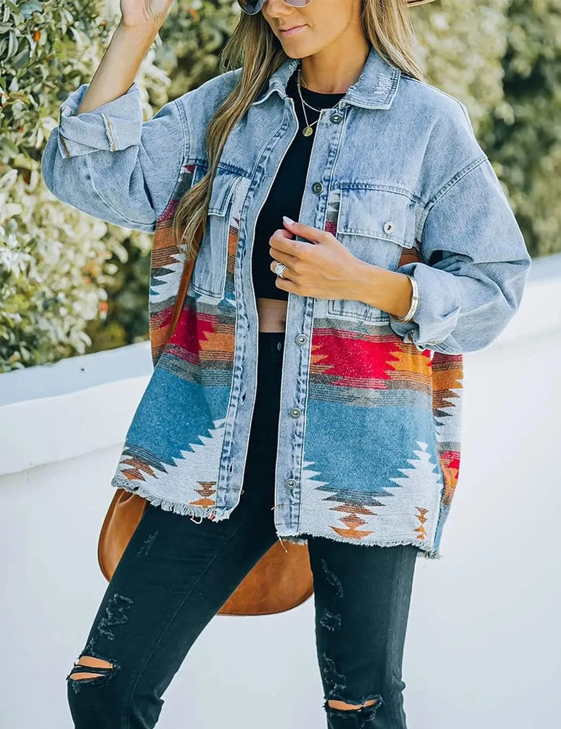 Women's Vintage Aztec Print Pattern Loose Shacket Button Down Long Sleeve Woolen Jacket Shirts Coat