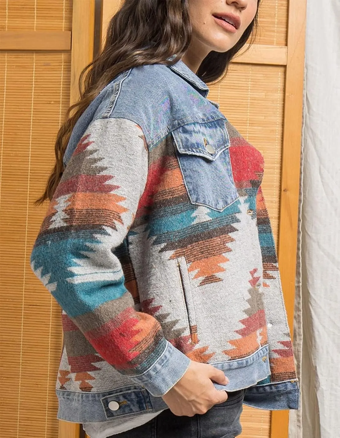 Women's Vintage Aztec Print Pattern Loose Shacket Button Down Long Sleeve Woolen Jacket Shirts Coat