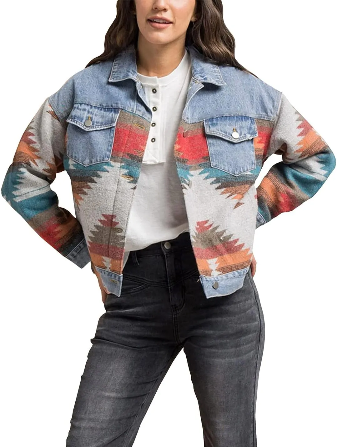 Women's Vintage Aztec Print Pattern Loose Shacket Button Down Long Sleeve Woolen Jacket Shirts Coat