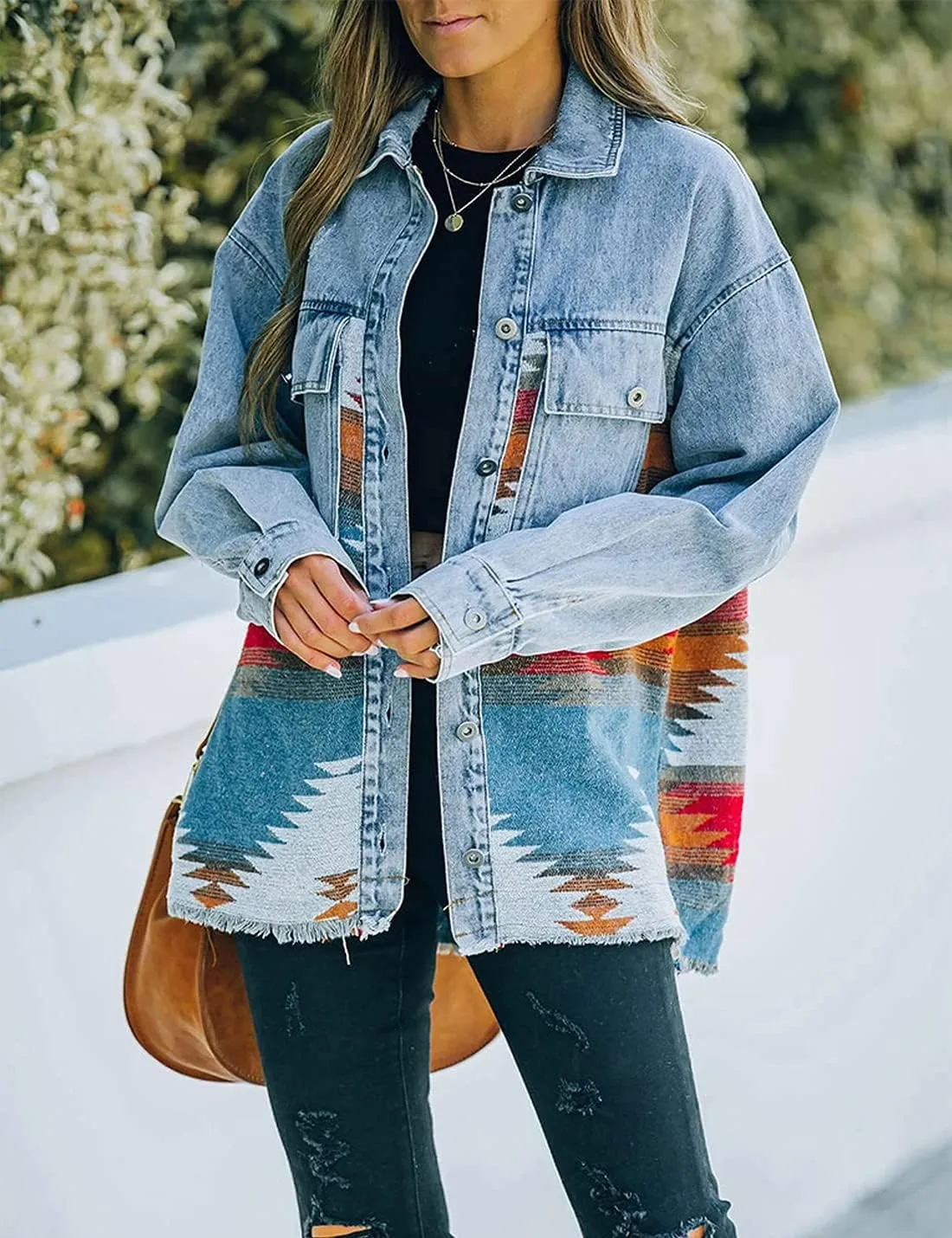 Women's Vintage Aztec Print Pattern Loose Shacket Button Down Long Sleeve Woolen Jacket Shirts Coat