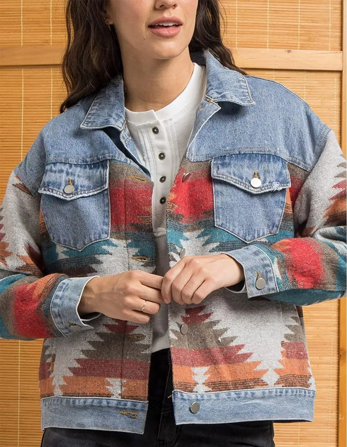 Women's Vintage Aztec Print Pattern Loose Shacket Button Down Long Sleeve Woolen Jacket Shirts Coat