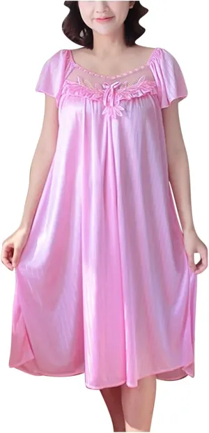Women's Vintage Nightgowns Short Sleeve Nightdress Satin Silk Victorian Sleepwear Loungwear Leisure Nighties