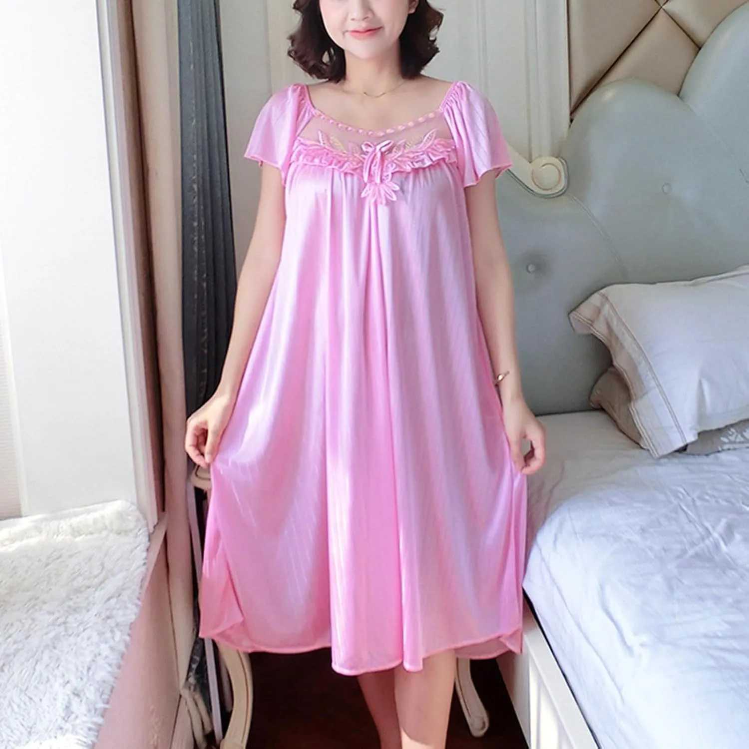 Women's Vintage Nightgowns Short Sleeve Nightdress Satin Silk Victorian Sleepwear Loungwear Leisure Nighties