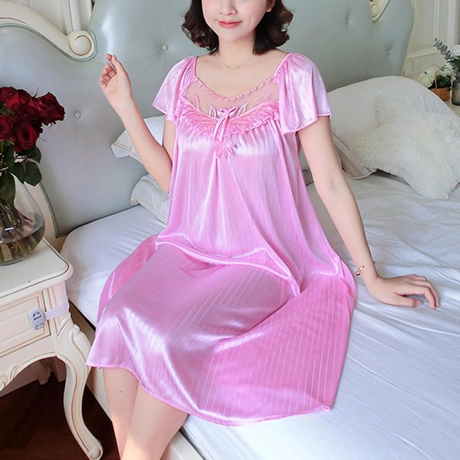 Women's Vintage Nightgowns Short Sleeve Nightdress Satin Silk Victorian Sleepwear Loungwear Leisure Nighties
