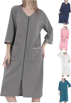 Womens Waffle Pajamas Robe Solid Bathrobe with Zipper Sleepwear 3/4 Sleeve Loungewear Knee Length Nightgown Nightwear