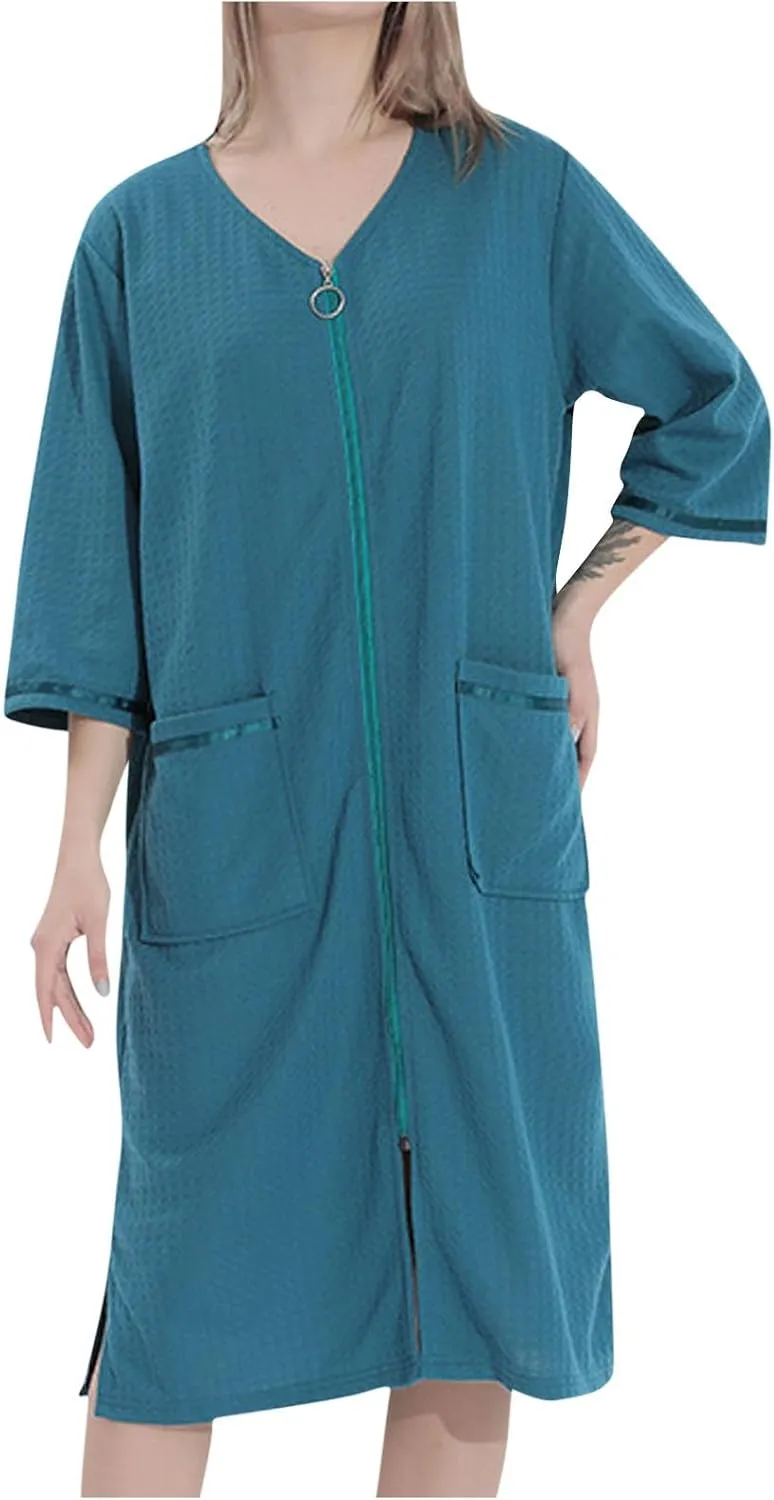 Womens Waffle Pajamas Robe Solid Bathrobe with Zipper Sleepwear 3/4 Sleeve Loungewear Knee Length Nightgown Nightwear