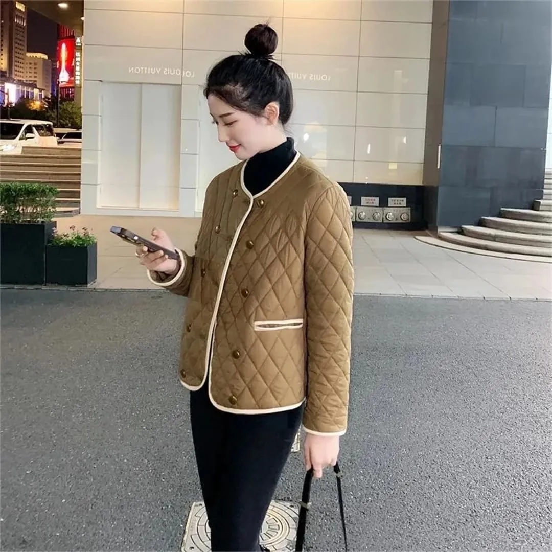 Women's Winter Jacket Double Breasted Buckle Lightweight Cotton-Padded Coat Warm Casual Short Top Coat