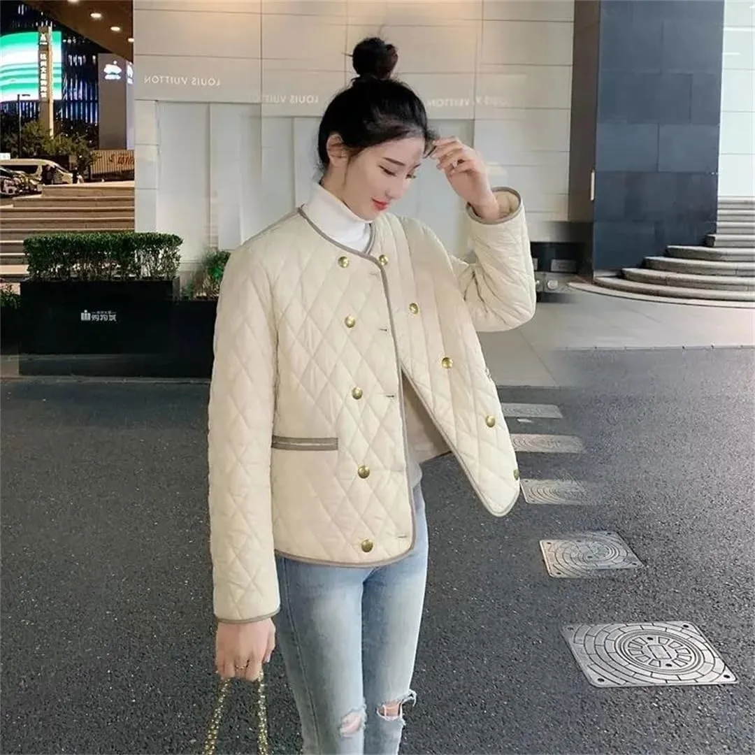 Women's Winter Jacket Double Breasted Buckle Lightweight Cotton-Padded Coat Warm Casual Short Top Coat