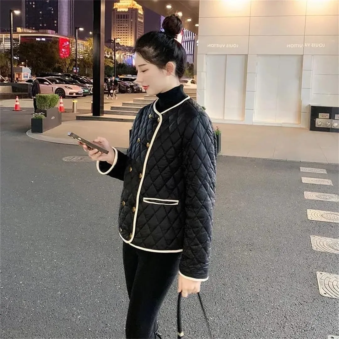 Women's Winter Jacket Double Breasted Buckle Lightweight Cotton-Padded Coat Warm Casual Short Top Coat