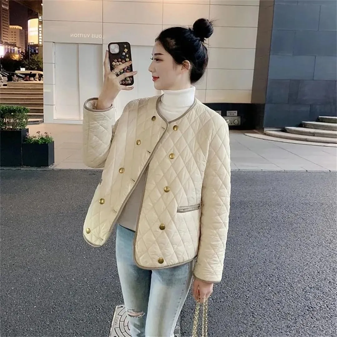 Women's Winter Jacket Double Breasted Buckle Lightweight Cotton-Padded Coat Warm Casual Short Top Coat